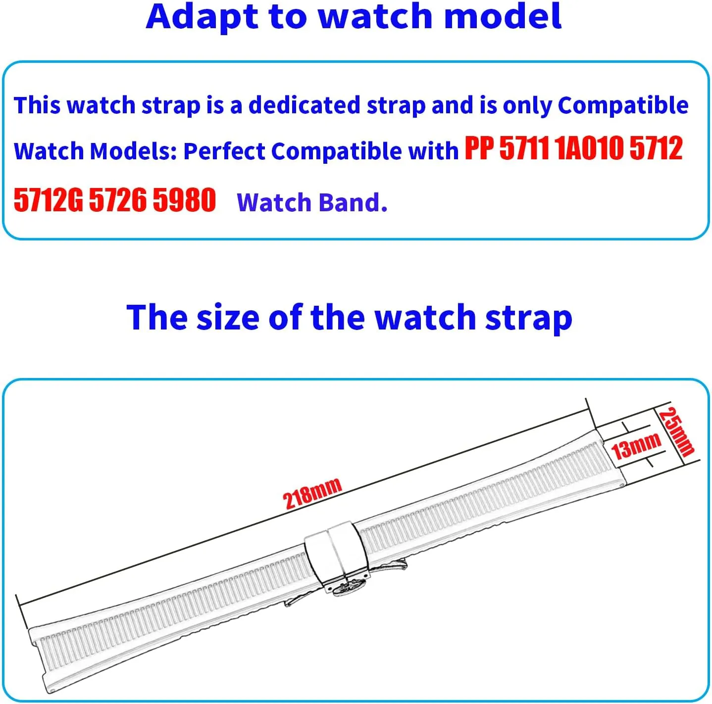 Rubber 25mm* 13mm Watch Bands Compatible Fit for Patek Philippe Nautilus PP 5711 1A010 5712 5712G 5726 5980 Replacement Silicone Watch Strap Wirstband Bracelet with Deployment Buckle For Men and Women