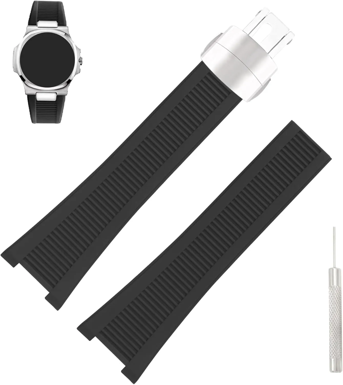Rubber 25mm* 13mm Watch Bands Compatible Fit for Patek Philippe Nautilus PP 5711 1A010 5712 5712G 5726 5980 Replacement Silicone Watch Strap Wirstband Bracelet with Deployment Buckle For Men and Women