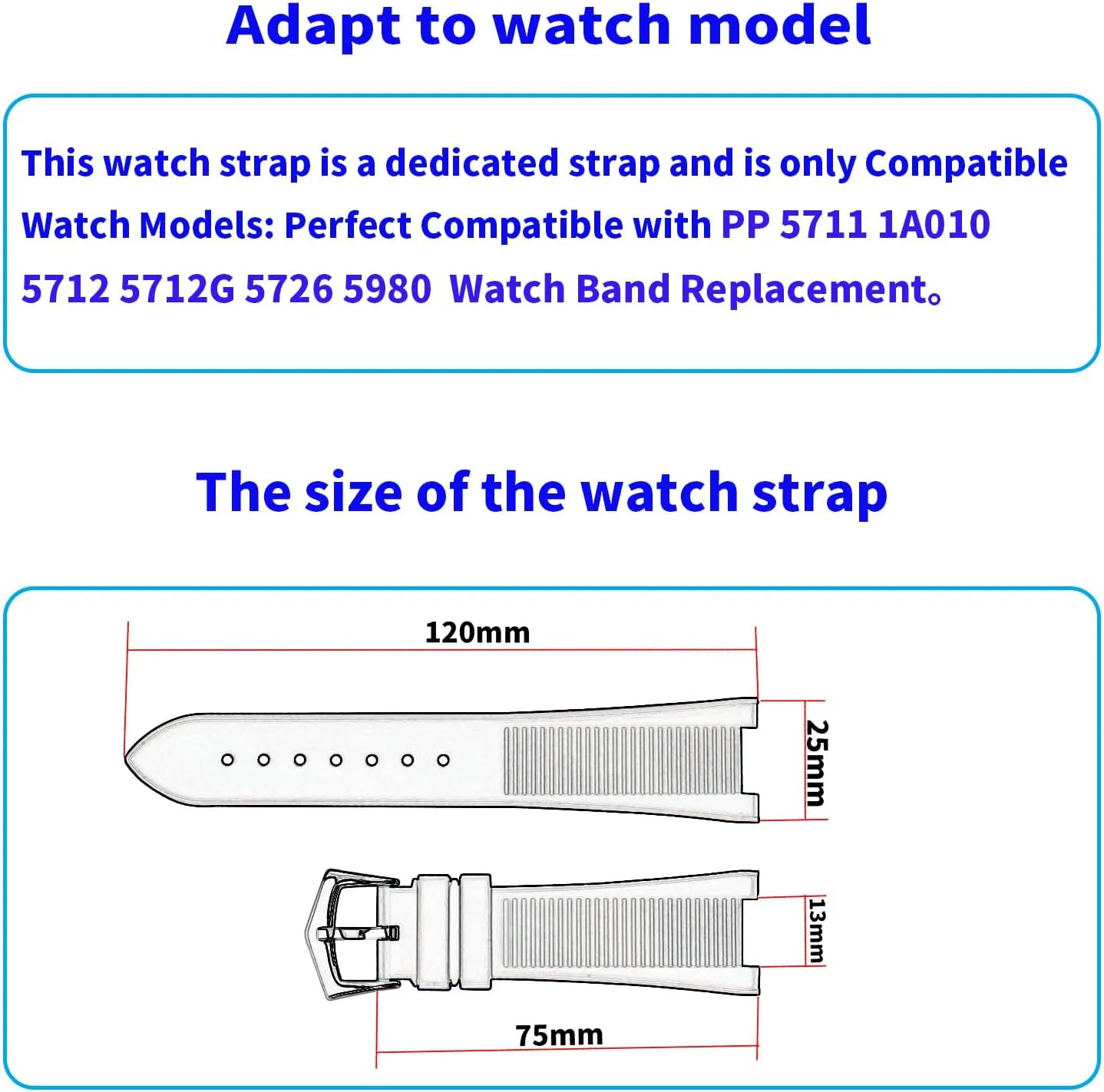 Rubber 25mm* 13mm Watch Bands Compatible Fit for Patek Philippe Nautilus PP 5711 1A010 5712 5712G 5726 5980 Replacement Silicone Watch Strap Wirstband Bracelet with Tang Buckle For Men and Women