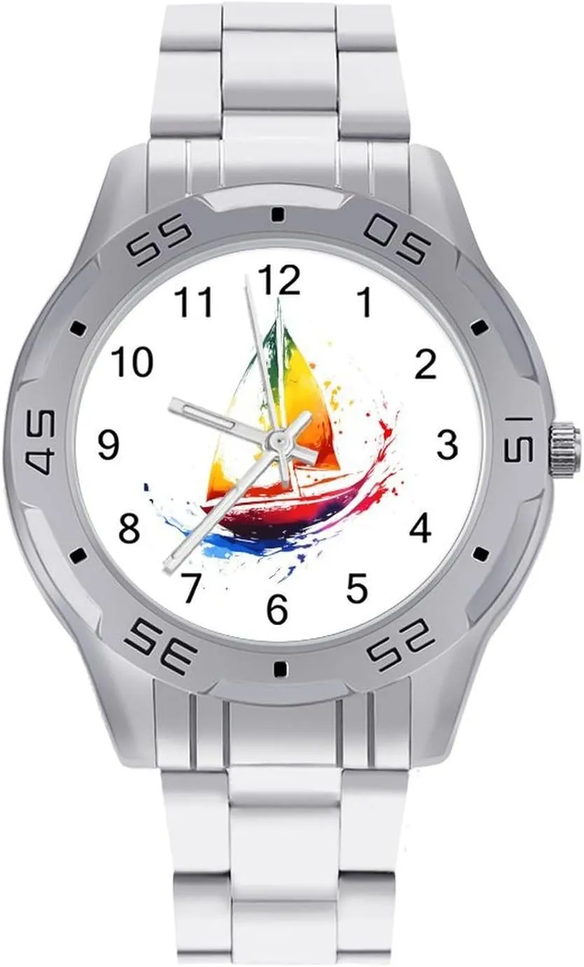 Sailboat Rainbow Boat Simple Stainless Steel Band Business Watch Dress Wrist Unique Luxury Work Casual Waterproof Watches