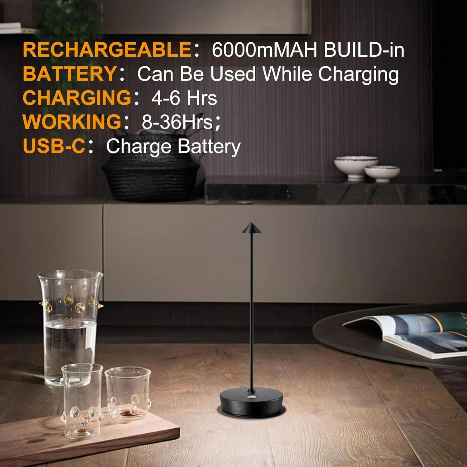 SAKRINGT 2 Pack Cordless Table Lamps Rechargeable, 6000mAh Battery Operated Waterproof Stepless Dimming Modern Portable LED Table Light for Restaurant Dining Patio Outdoor