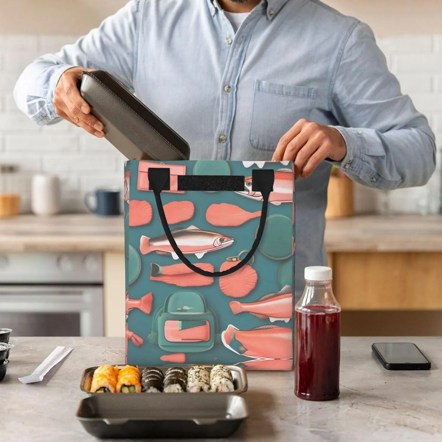 Salmon Pattern Lunch Bag For Women Men, Paper Tote Bag For Work, Outdoor Activities, Daily Use
