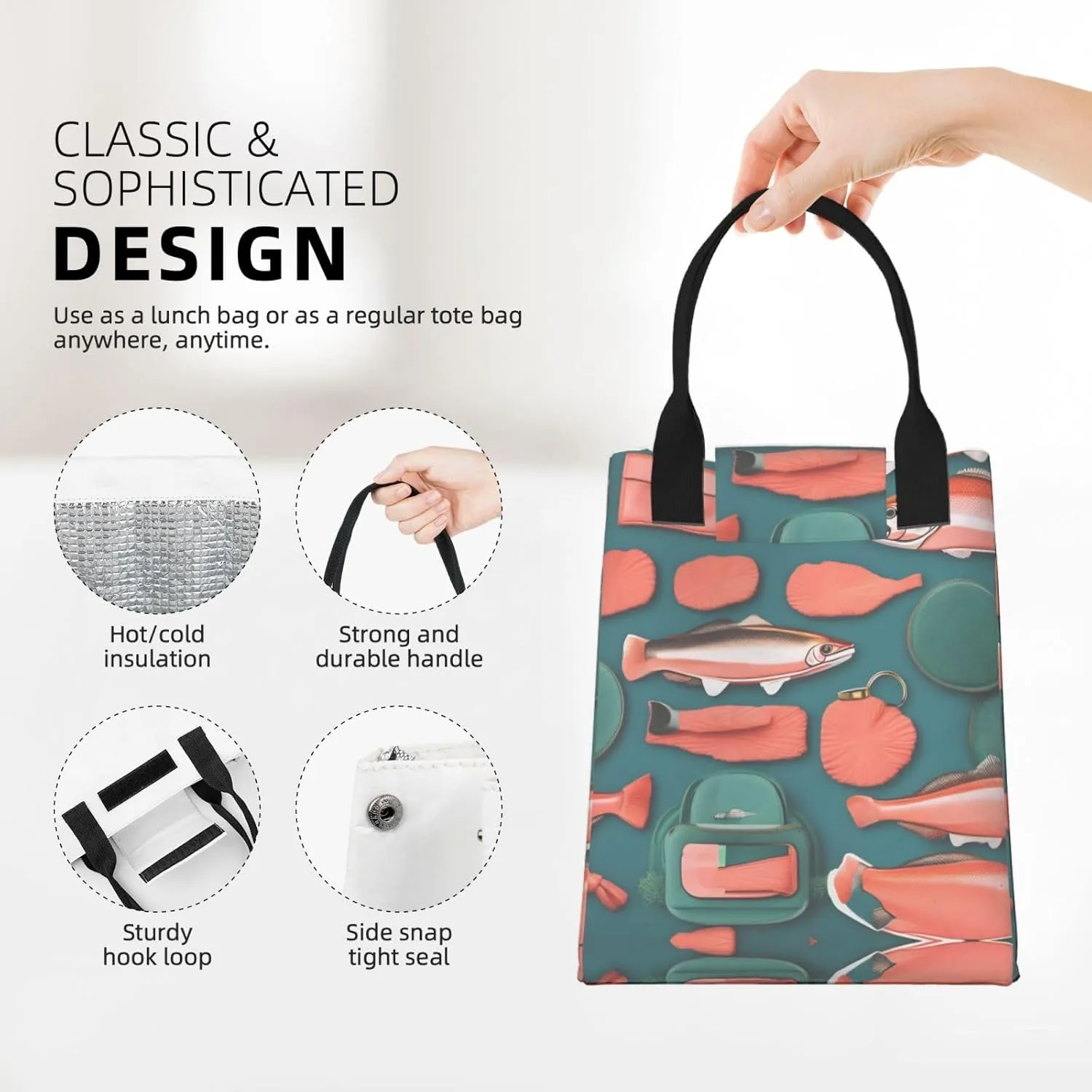 Salmon Pattern Lunch Bag For Women Men, Paper Tote Bag For Work, Outdoor Activities, Daily Use
