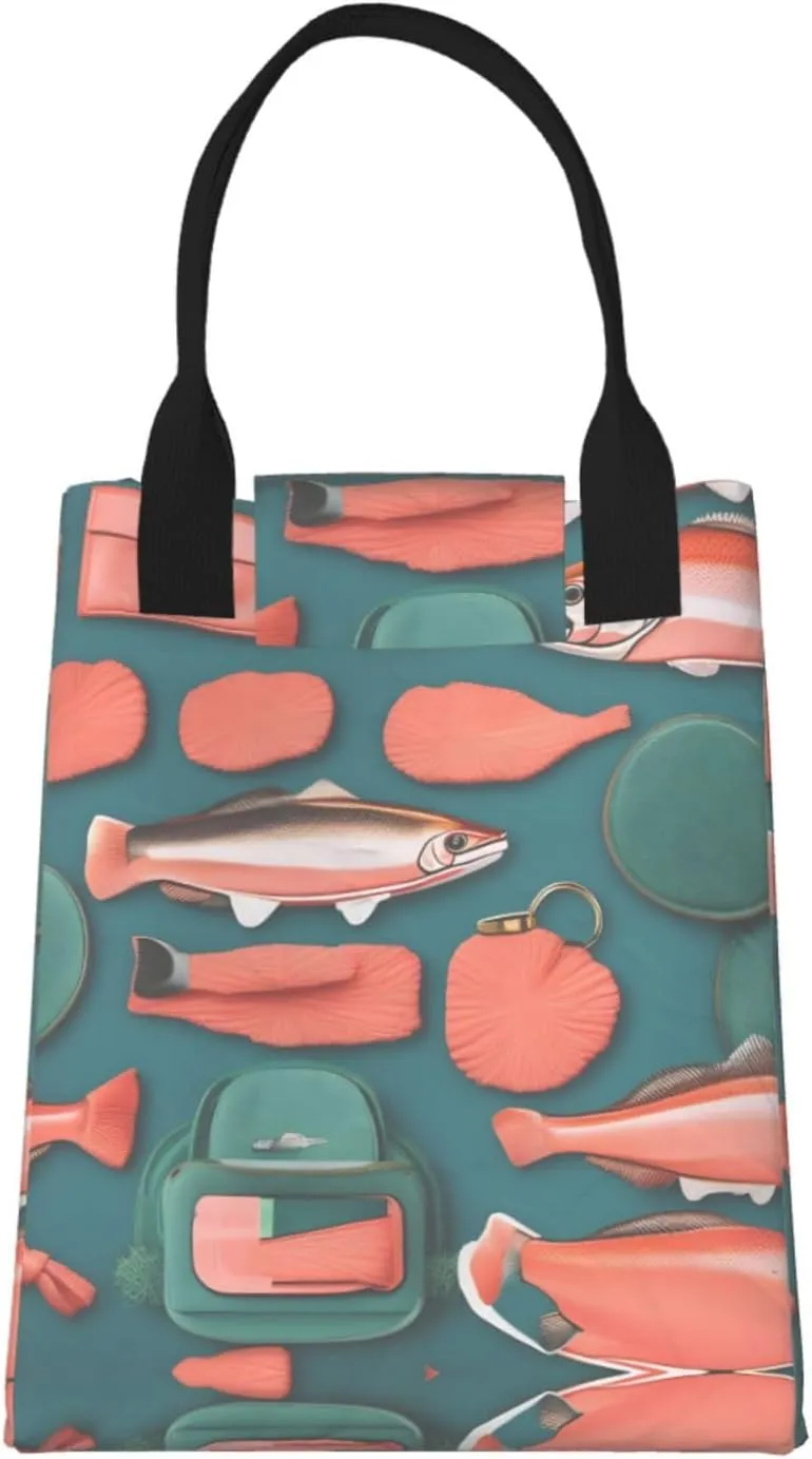 Salmon Pattern Lunch Bag For Women Men, Paper Tote Bag For Work, Outdoor Activities, Daily Use