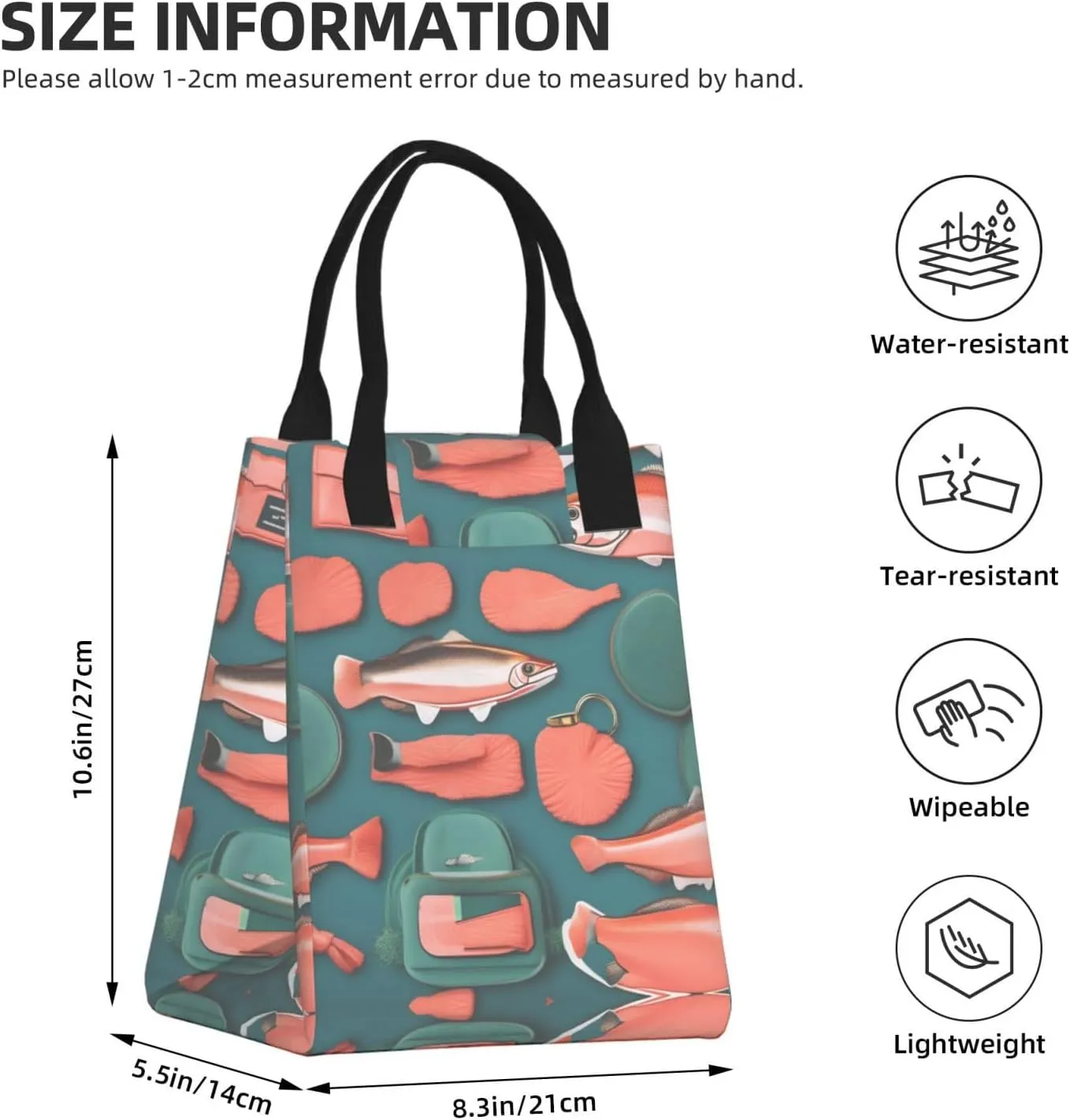 Salmon Pattern Lunch Bag For Women Men, Paper Tote Bag For Work, Outdoor Activities, Daily Use