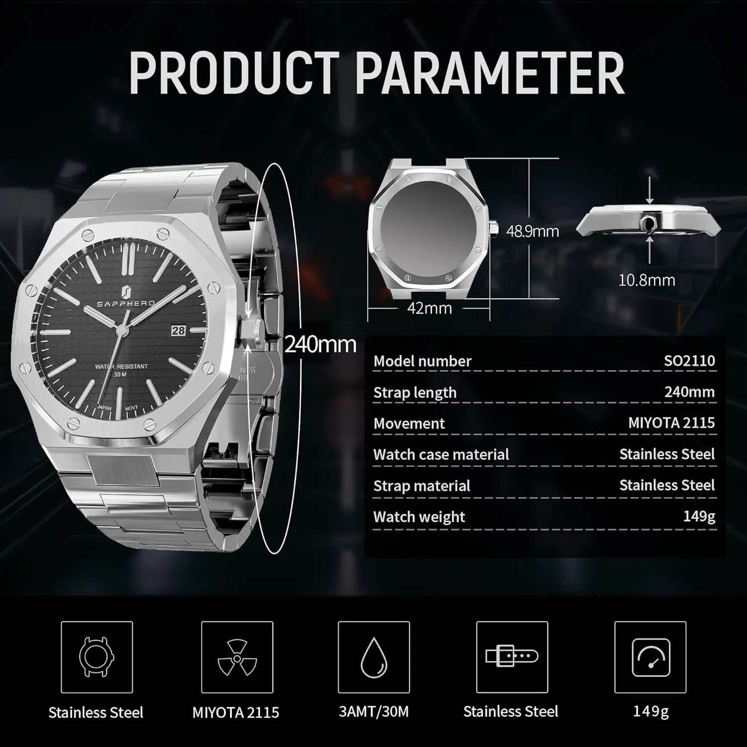 SAPPHERO Watches Men Octagonal 10ATM Waterproof Business Casual Fashion Mens Japanese Quartz Stainless Steel Luminous Wrist Watch Gift for Men