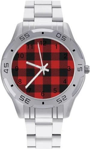 Scottish Red Checkered Black Twill Simple Stainless Steel Band Business Watch Dress Wrist Unique Luxury Work Casual Waterproof Watches