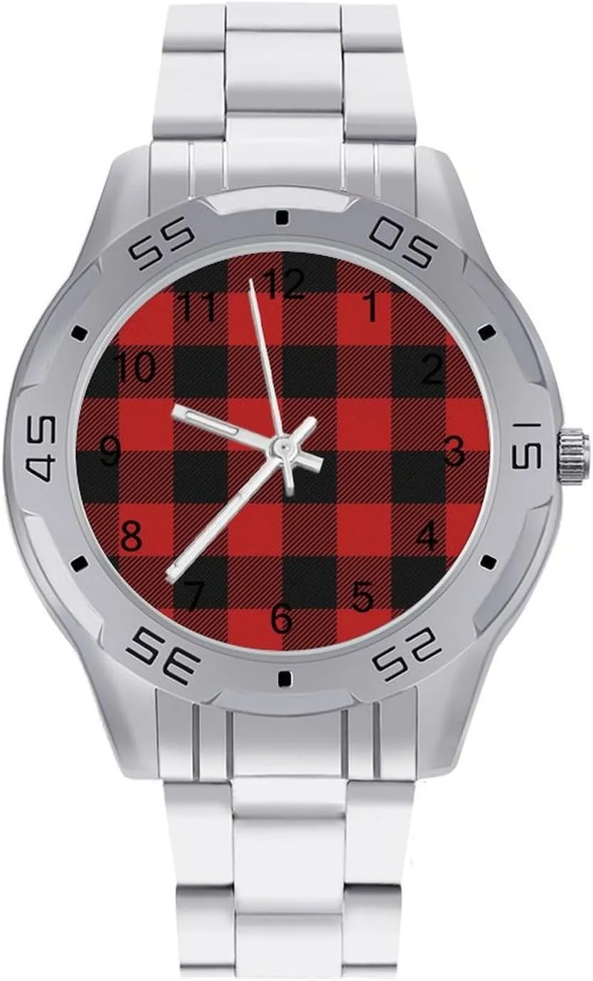 Scottish Red Checkered Black Twill Simple Stainless Steel Band Business Watch Dress Wrist Unique Luxury Work Casual Waterproof Watches