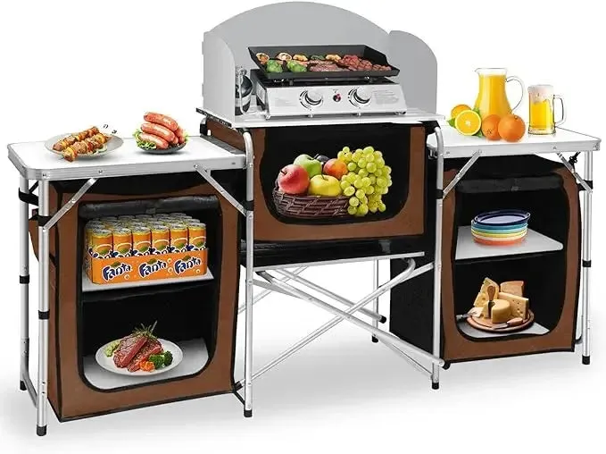 Seetek Camping Kitchen Table Aluminum Portable Outdoor Cooking Table Foldable Camp Table with Windscreen and 3 Storage Cupboards