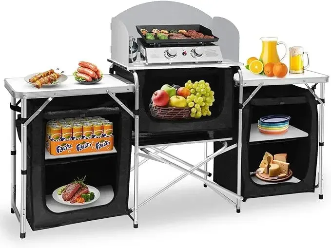 Seetek Camping Kitchen Table Aluminum Portable Outdoor Cooking Table Foldable Camp Table with Windscreen and 3 Storage Cupboards