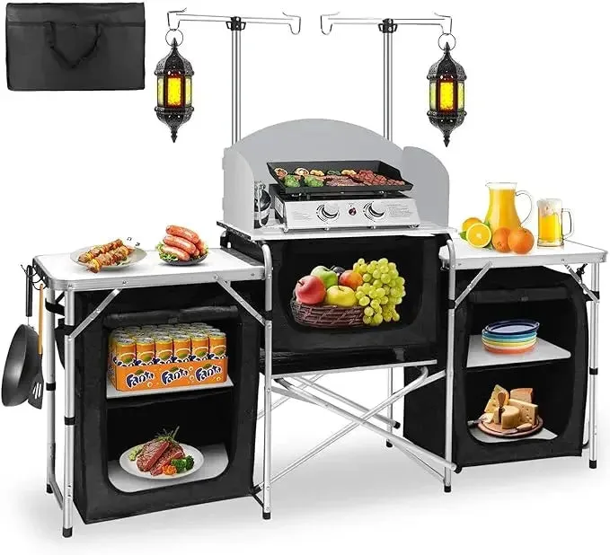 Seetek Camping Kitchen Table Aluminum Portable Outdoor Cooking Table Foldable Camp Table with Windscreen and 3 Storage Cupboards