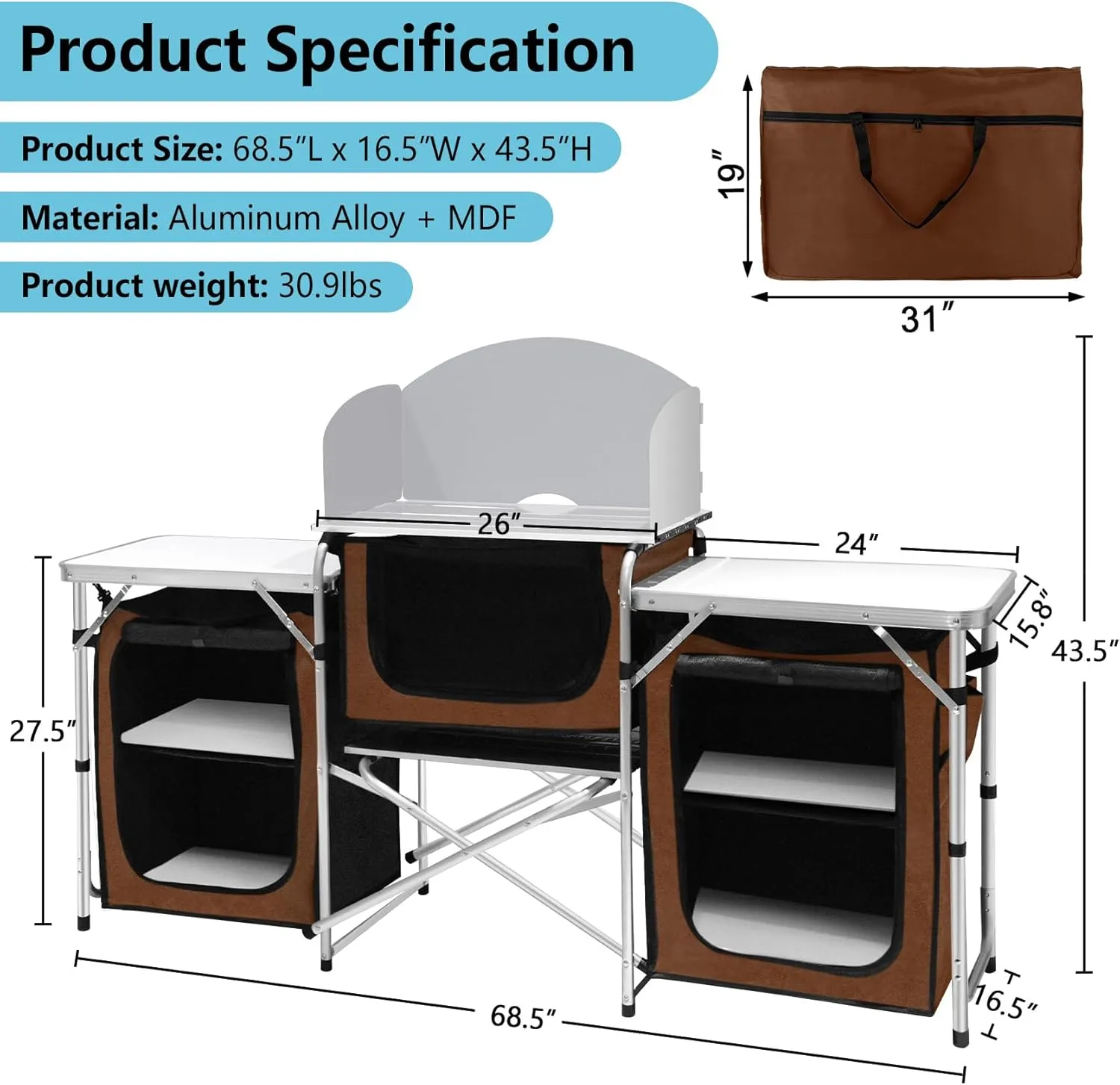 Seeutek Camping Kitchen Table, Aluminum Portable Outdoor Cooking Table, Foldable Camp Table with Windscreen and 3 Storage Cupboards Multifunctional for BBQ, Party, Picnics & Outdoor Brown