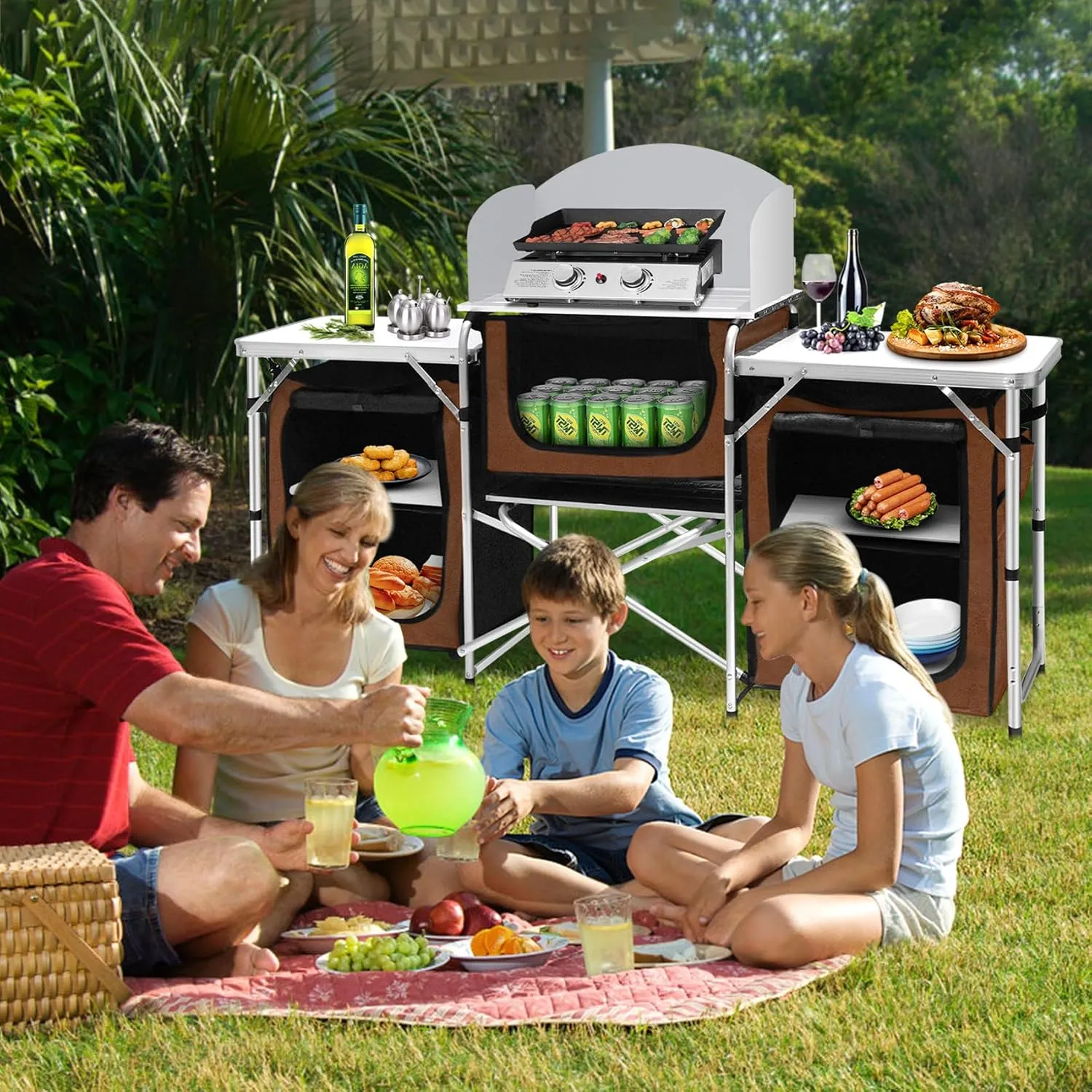 Seeutek Camping Kitchen Table, Aluminum Portable Outdoor Cooking Table, Foldable Camp Table with Windscreen and 3 Storage Cupboards Multifunctional for BBQ, Party, Picnics & Outdoor Brown