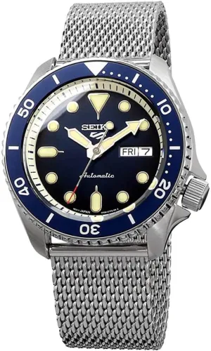 SEIKO SRPD71 Watch for Men - 5 Sports - Automatic with Manual Winding Movement, Blue Dial with Blue Bezel, Stainless Steel Case and Mesh Bracelet, 100m Water-Resistant, and Day/Date Display