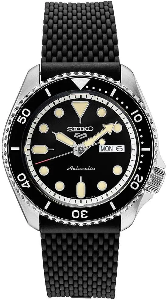 SEIKO SRPD95 Watch for Men - 5 Sports - Automatic with Manual Winding Movement, Black Sunray Dial with Black Bezel, Stainless Steel Case, Black Silicone Strap, and Day/Date Display