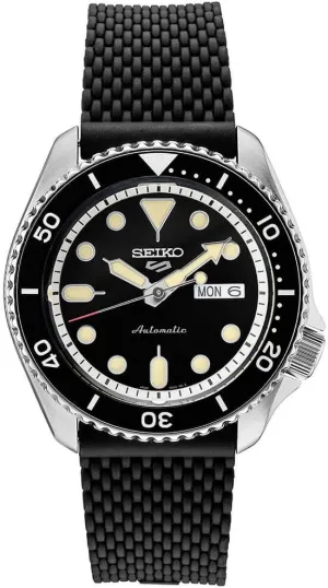 SEIKO SRPD95 Watch for Men - 5 Sports - Automatic with Manual Winding Movement, Black Sunray Dial with Black Bezel, Stainless Steel Case, Black Silicone Strap, and Day/Date Display