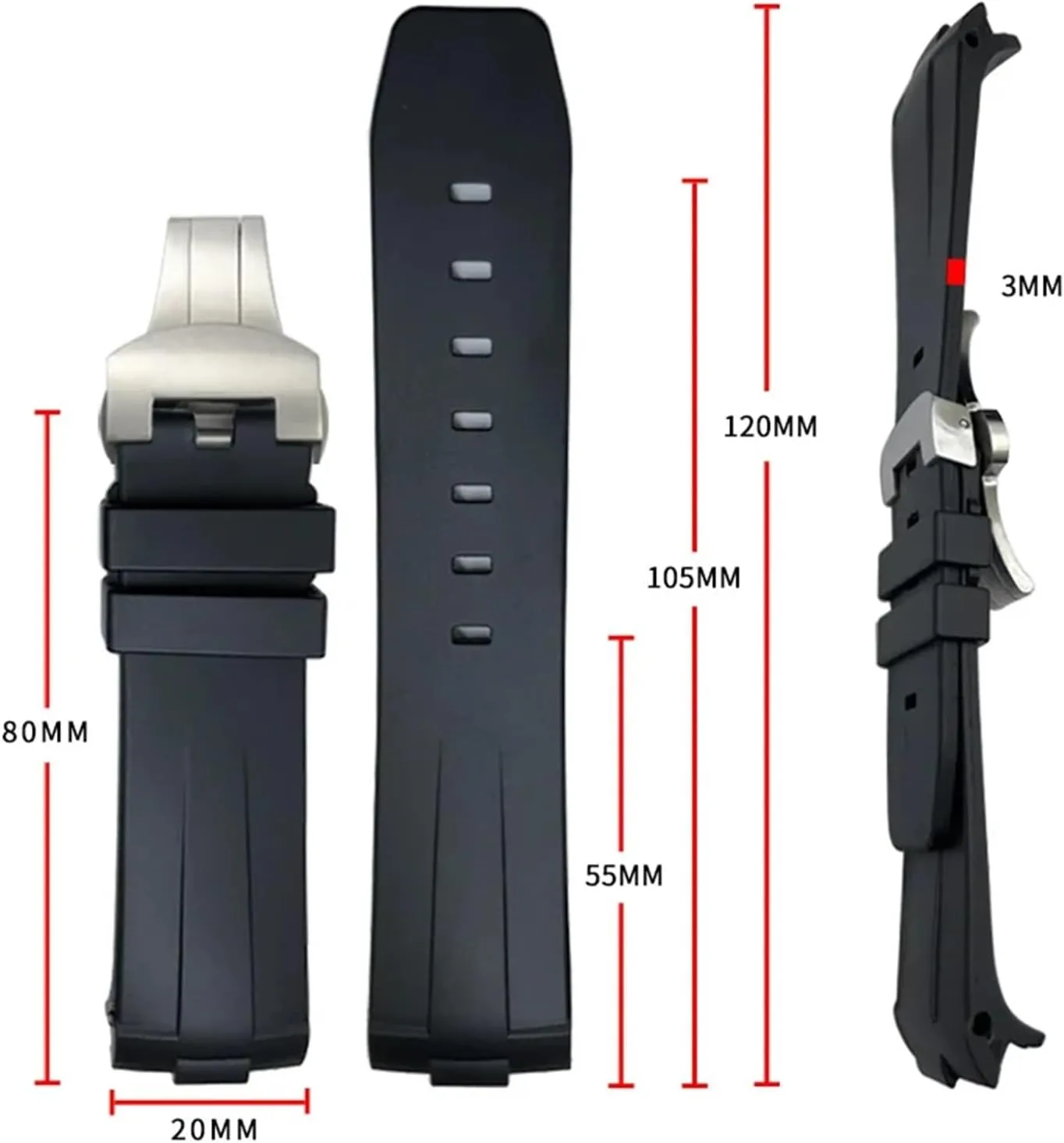 SERDAS 24mm Curved End Natural Rubber Watchband For Panerai LUMINOR SUBMERSIBLE PAM Silicone Waterproof Watch Strap Butterfly Buckle