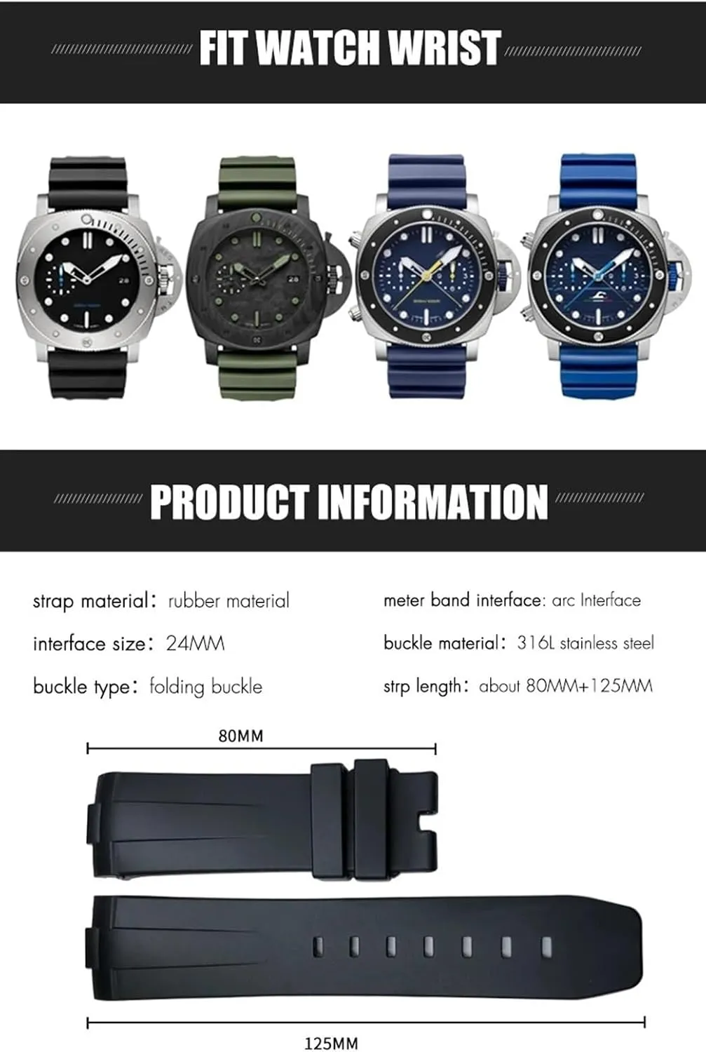 SERDAS 24mm Curved End Natural Rubber Watchband For Panerai LUMINOR SUBMERSIBLE PAM Silicone Waterproof Watch Strap Butterfly Buckle