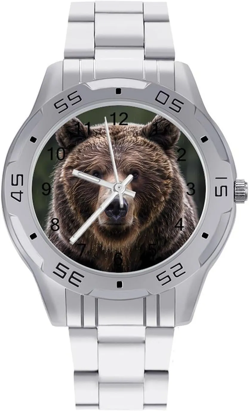 Serious Brown Bear Face Simple Stainless Steel Band Business Watch Dress Wrist Unique Luxury Work Casual Waterproof Watches