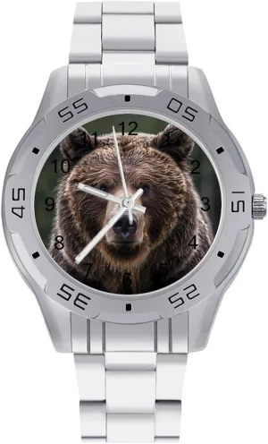 Serious Brown Bear Face Simple Stainless Steel Band Business Watch Dress Wrist Unique Luxury Work Casual Waterproof Watches