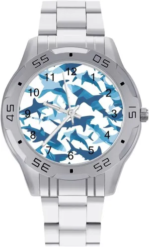 Shark Whale Camouflage Simple Stainless Steel Band Business Watch Dress Wrist Unique Luxury Work Casual Waterproof Watches