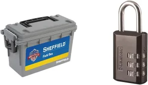 Sheffield 12628 Field Box, Pistol, Rifle, or Shotgun Ammo Storage Box, Tamper-Proof Locking Ammo Can, Water Resistant, Made in The U.S.A, Gray & Master Lock 647D Combination Padlock, 1, Black