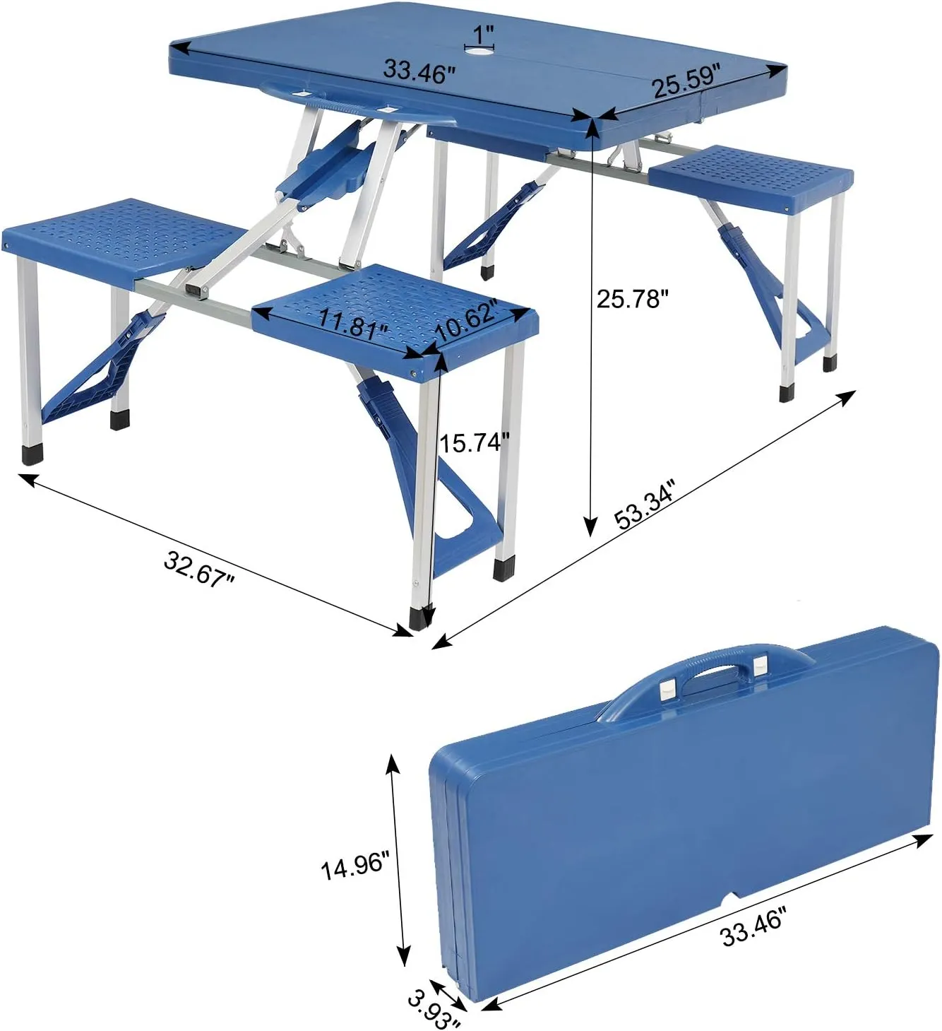 Siamese Folding Tables and Chairs 53"x 32" x 26" Portable Suitcase Camping Table with Umbrella Hole 4 Seats (Plastic)