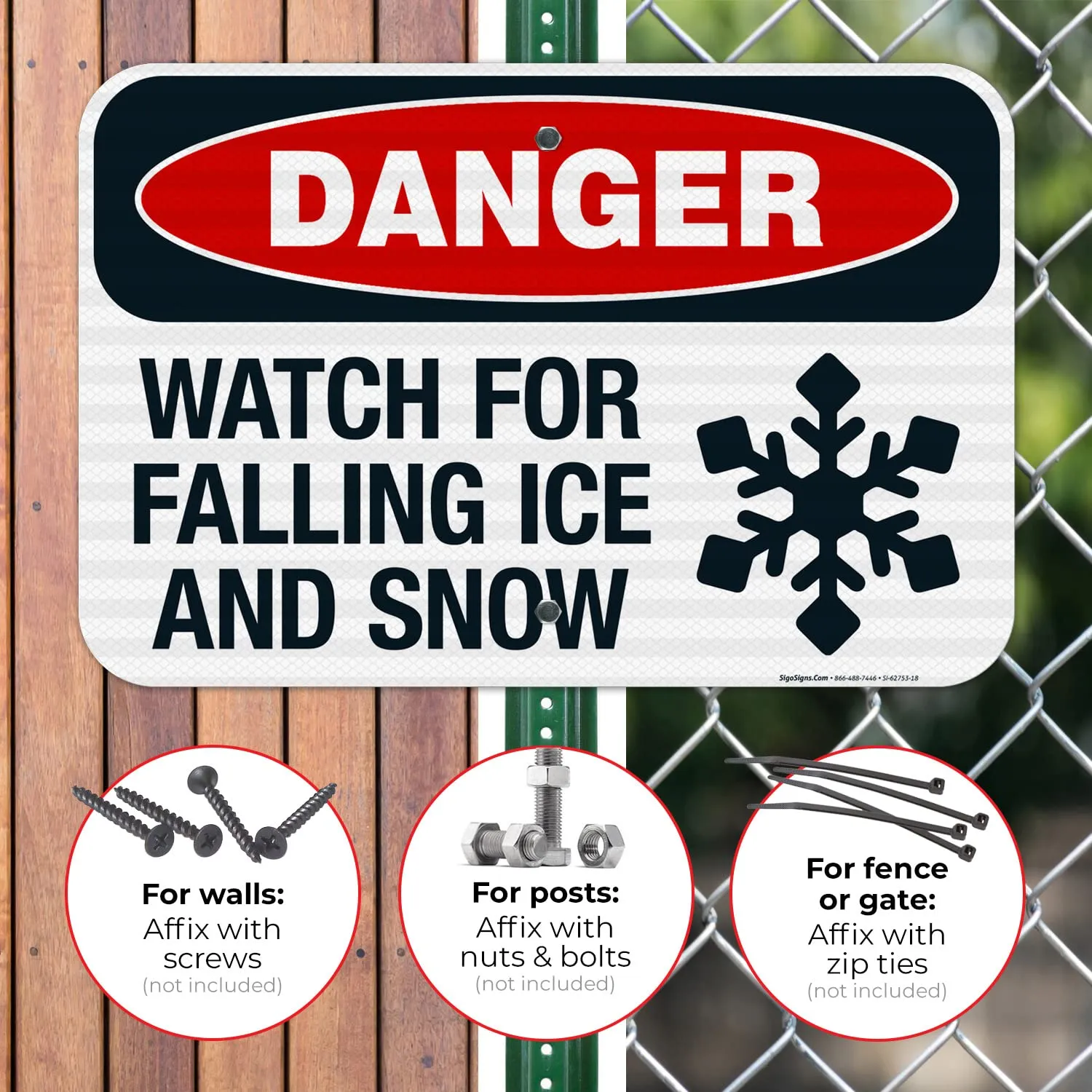 Sigo Signs, Danger Watch for Falling Snow and Ice with Graphic Sign, 12x18 Inches, 3M EGP Reflective .063 Aluminum, Fade Resistant, Made in USA