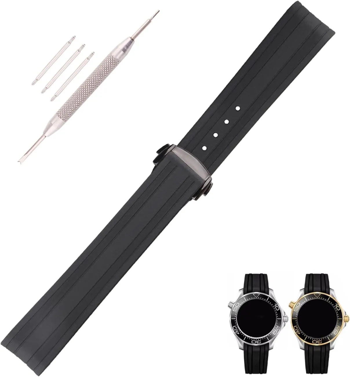 Silicone Watch Band replacement for Omega Seamaster diver 300 300m Speedmaster aqua-terra 150m AT150 Speedmaster Moonwatch Professional 42mm Curved End Steel Buckle Rubber Strap Wirstband for Men and Women( Black/Gold )
