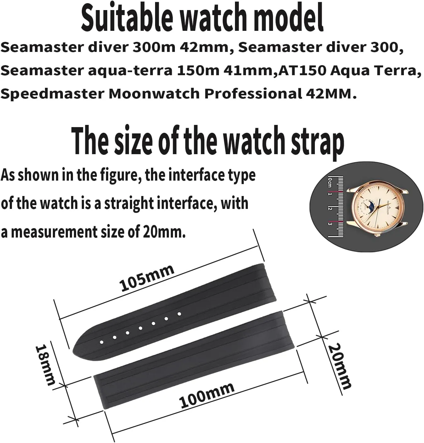 Silicone Watch Band replacement for Omega Seamaster diver 300 300m Speedmaster aqua-terra 150m AT150 Speedmaster Moonwatch Professional 42mm Curved End Steel Buckle Rubber Strap Wirstband for Men and Women( Black/Gold )