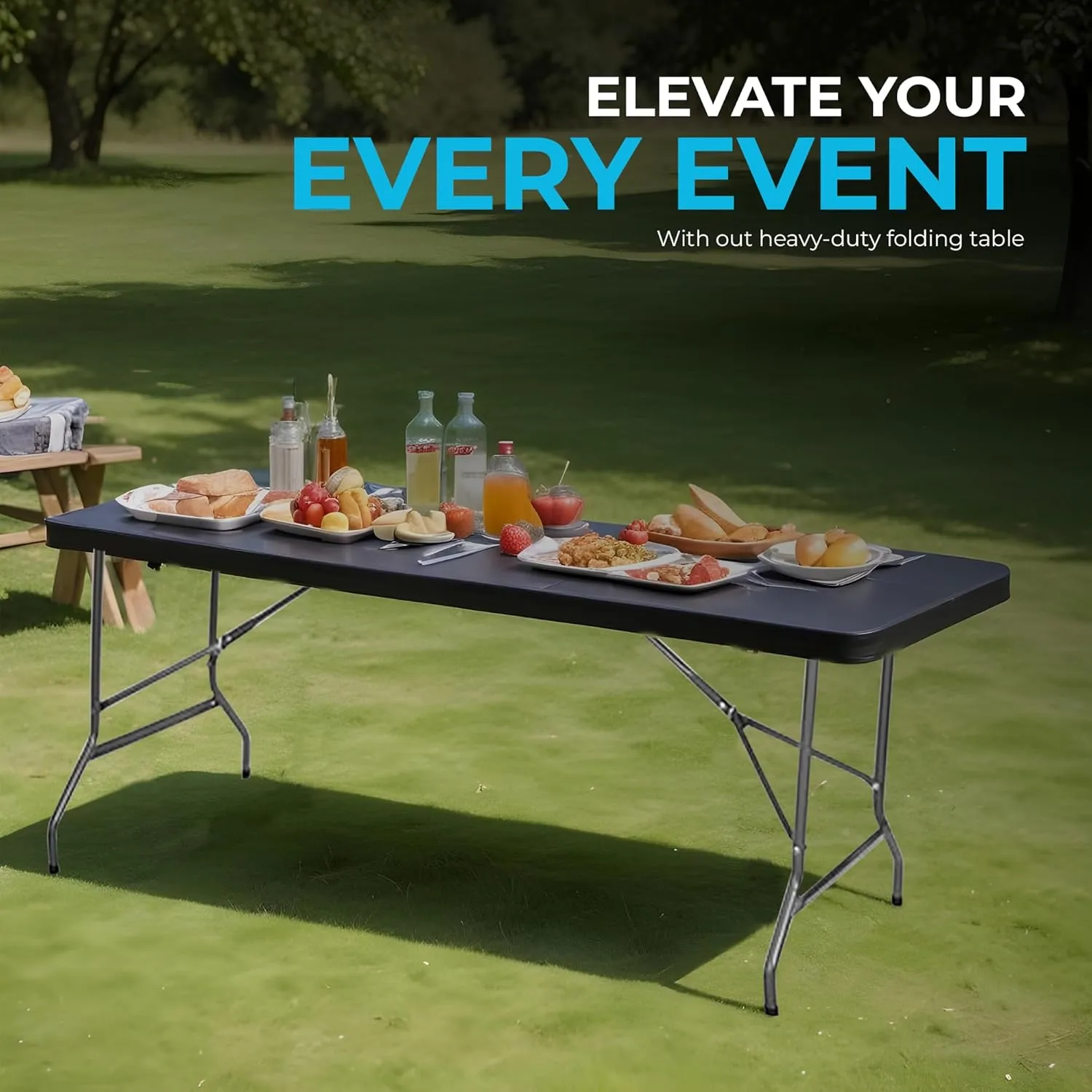 Simpli-Magic 8ft Plastic Folding Table, Indoor Outdoor Heavy Duty Portable w/Handle, Lock for Picnic, Party, Camping - Black