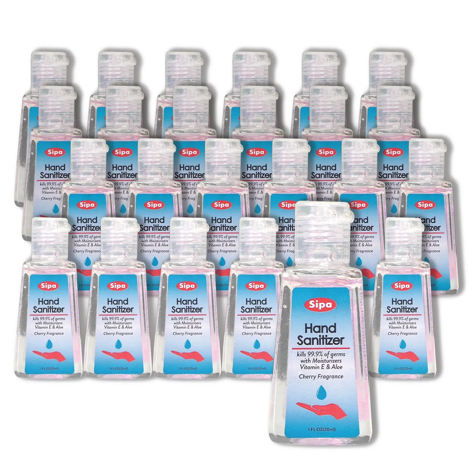 SIPA Bulk Cherry Scent Hand Sanitizer Travel Size Bundle 1 oz, Cap Bottle, Protect Against Germs with Vitamin E Formula, with 2 Free Keychain Holder (1oz Pack of 24)