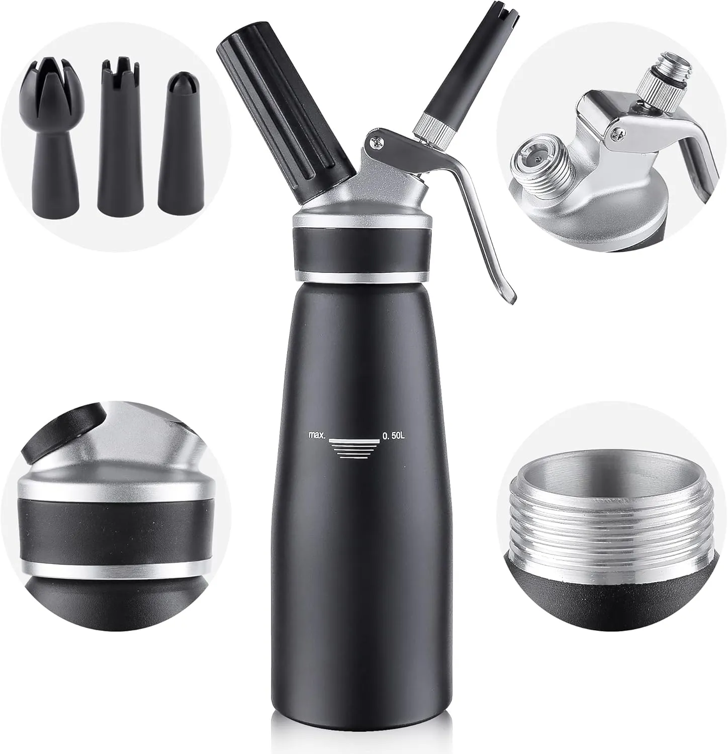 Sivaphe Professional Whipped Cream Dispenser Aluminum Grade Canister, Heavy Duty Cream Whipper Homemade Bliss, Portable Whipped Nitro Coffee Maker Black（Chargers Not Included)