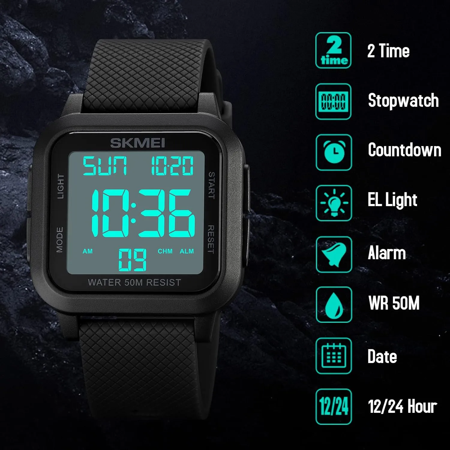SKMEI Men Digital Sports Watch Ultra-Thin Large Face Waterproof Wrist Watches for Men with Stopwatch Countdown Timer Alarm Function Dual Time LED Back Light