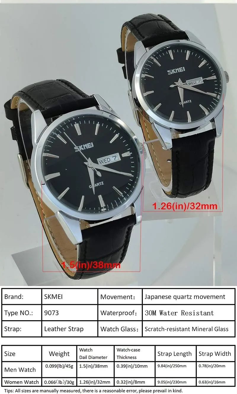 SKMEI Pair Watches for Couples Men and Women His and Hers Watch Set Husband Wife Valentines Matching Wrist Watch Wedding Gifts Waterproof Business Fashion Quartz Analog Calendar