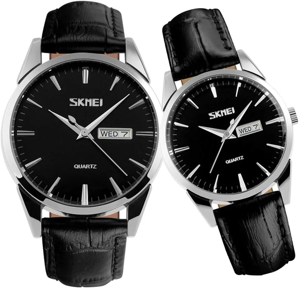 SKMEI Pair Watches for Couples Men and Women His and Hers Watch Set Husband Wife Valentines Matching Wrist Watch Wedding Gifts Waterproof Business Fashion Quartz Analog Calendar
