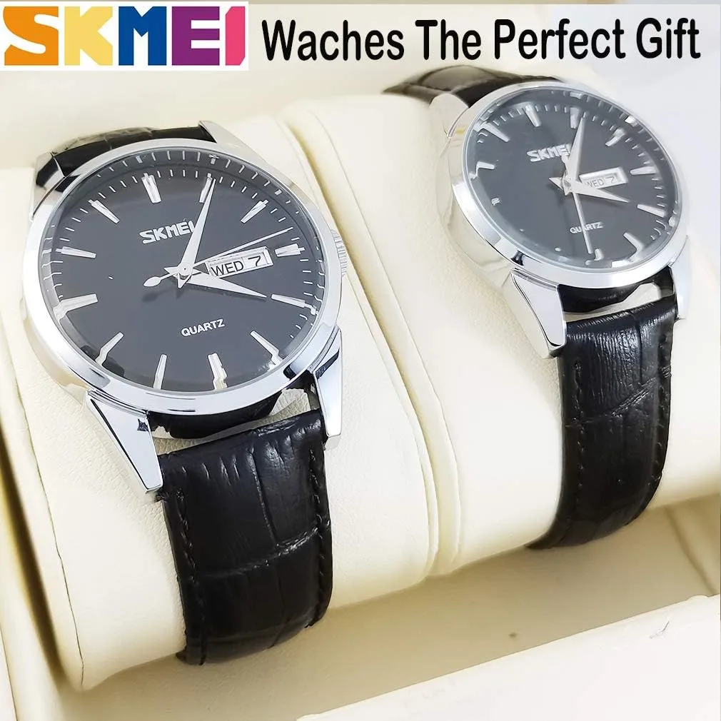 SKMEI Pair Watches for Couples Men and Women His and Hers Watch Set Husband Wife Valentines Matching Wrist Watch Wedding Gifts Waterproof Business Fashion Quartz Analog Calendar