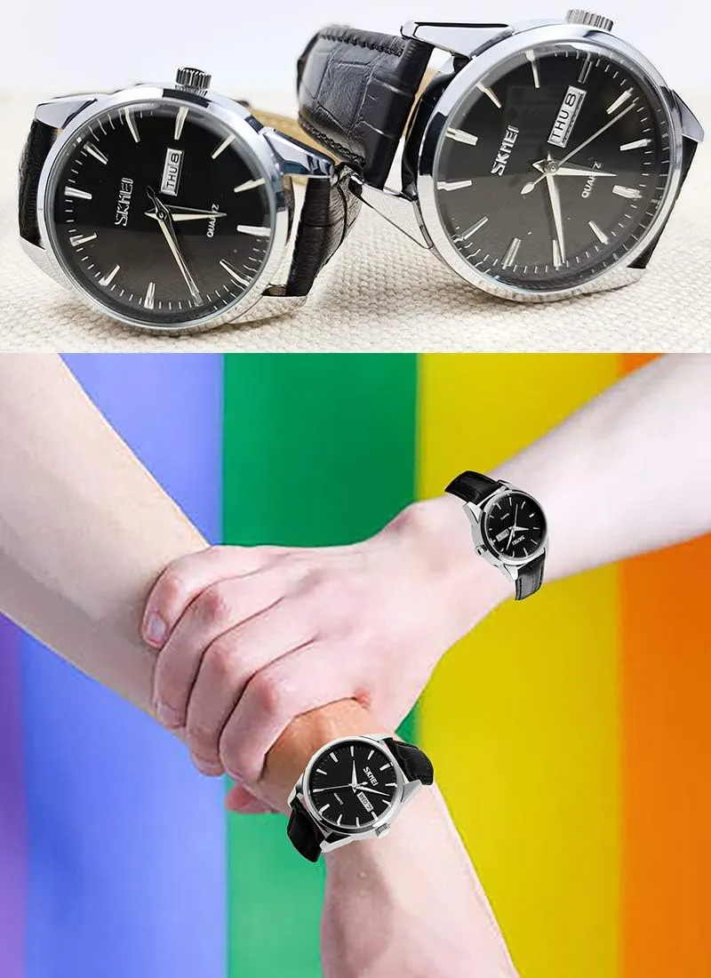 SKMEI Pair Watches for Couples Men and Women His and Hers Watch Set Husband Wife Valentines Matching Wrist Watch Wedding Gifts Waterproof Business Fashion Quartz Analog Calendar