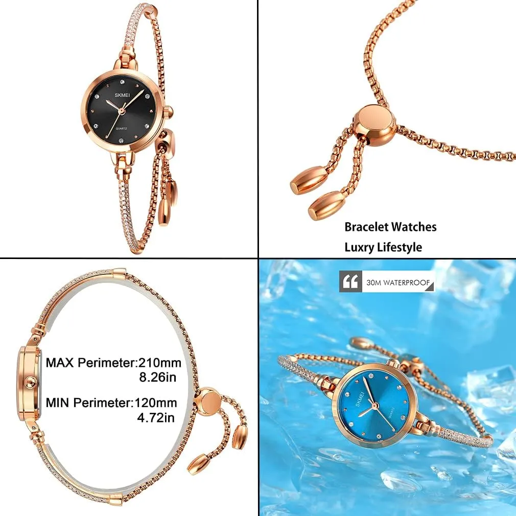 SKMEI Women Watches Bracelet Diamond Ladies Female Small Rose Gold Fashion Luxury Thin Waterproof Analog Quartz Casual Girls Wife Gifts Silver Wrist Watch