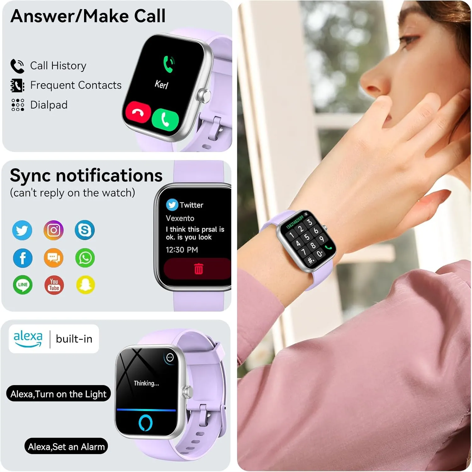 Smart Watch with Alexa Built-in, 1.83" HD Touchscreen, Bluetooth Call/Make Calls, IP68 Waterproof Fitness Tracker with 120  Sport Modes, 24/7 Heart Rate & Sleep Monitor for iOS/Android (Purple)