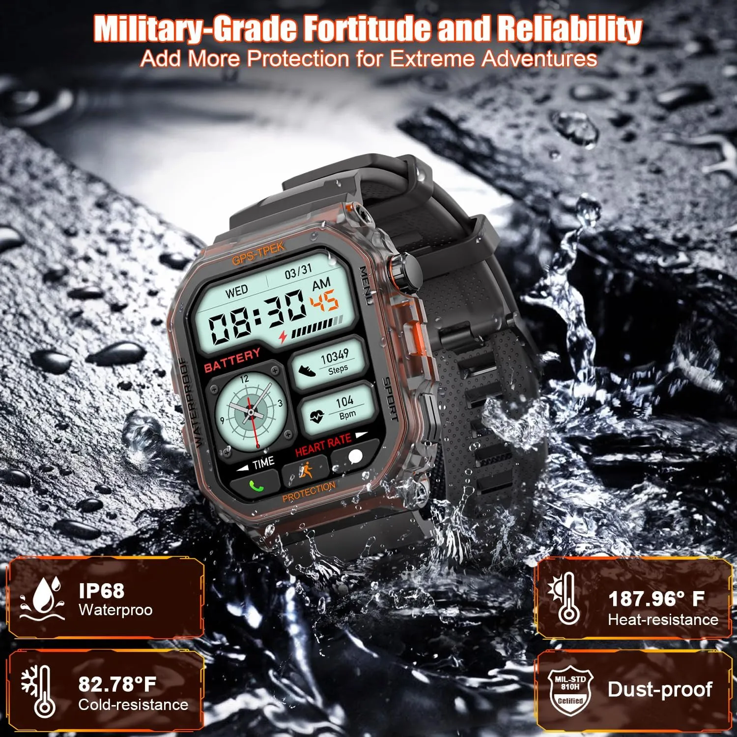 Smart Watches for Men - Military Smart Watch for Men, Fitness Watch Waterproof IP68, 24/7 Heart Rate/Sleep/Stress, Activity Trackers Compatible with Android and iOS, 100 Sport Modes (Gray)