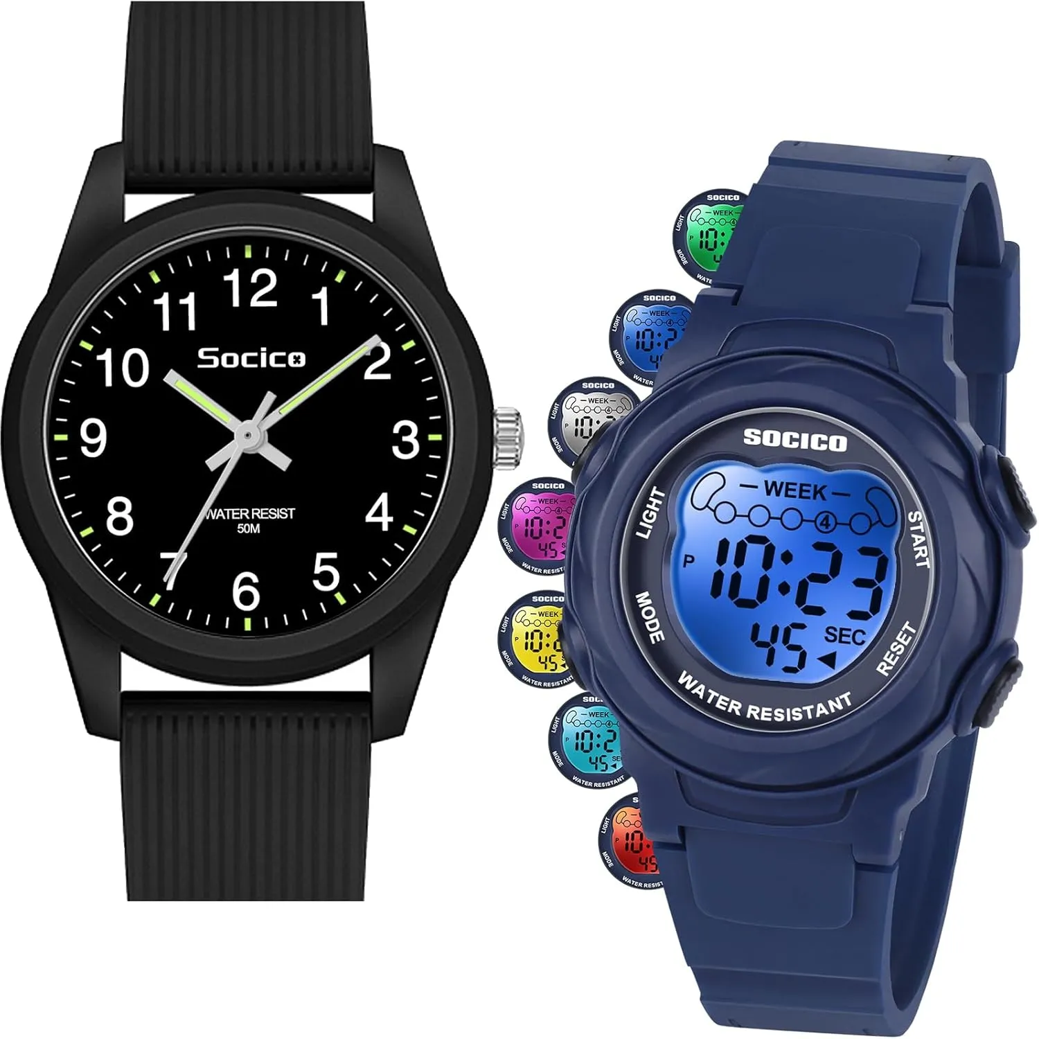 SOCICO Kids Watches for Boys & Girls – Digital 7 Color Lights, Stopwatch, Alarm & Analog Easy Time Learning – 50M Waterproof, Soft Durable Bands, Great Gift for Ages 4-12