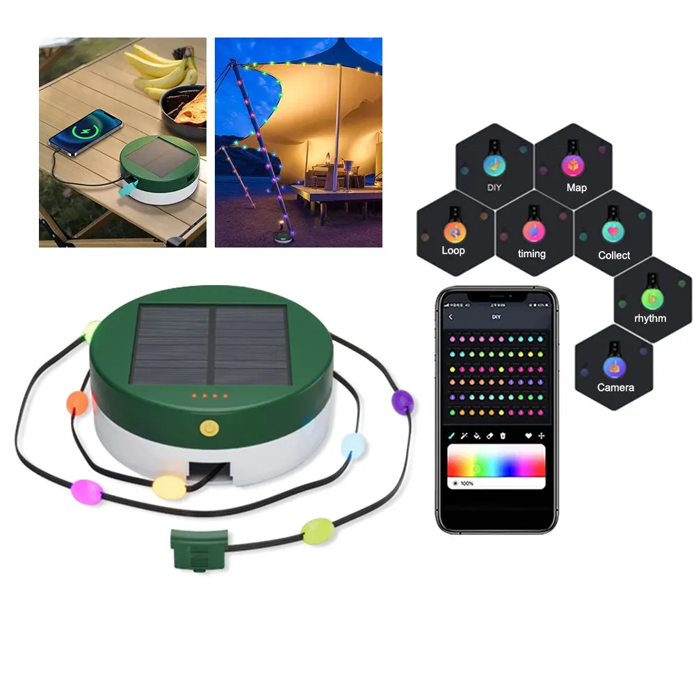 Solar Powered Camping RGB String Lights - Portable Mobile Charger with Smart APP Control for Outdoor Garden