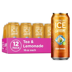 Sparkling Ice Caffeine Tea   Lemonade Sparkling Water with Caffeine, Zero Sugar, with Antioxidants and Vitamins,16 fl oz Cans (Pack Of 12)