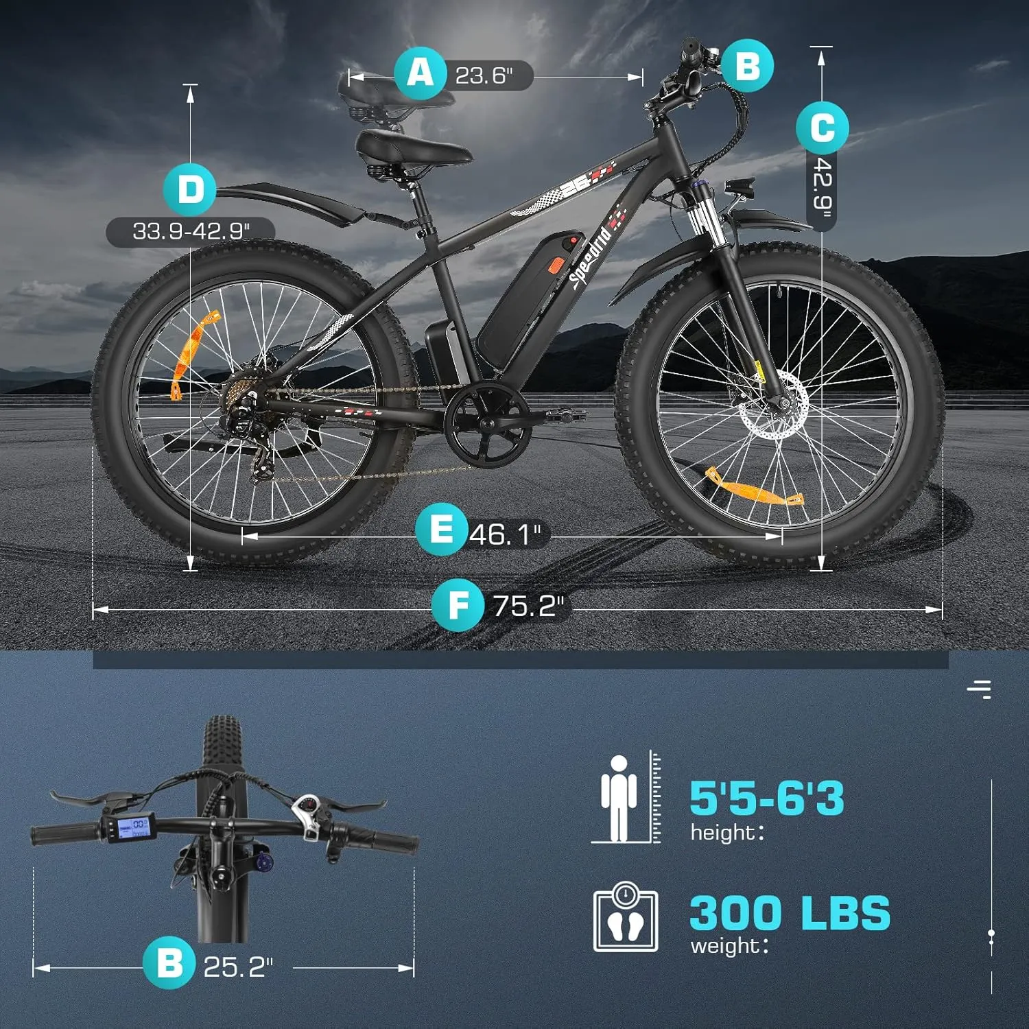 Speedrid Electric Bike 26" Fat Tire Electric Bike for Adult, 25mph Peak 750W 48V 10.4/ 13Ah Removable Battery Electric Mountain Bike, Commuting Off Road Ebike 7 Speed & Front Suspension Fast Charge