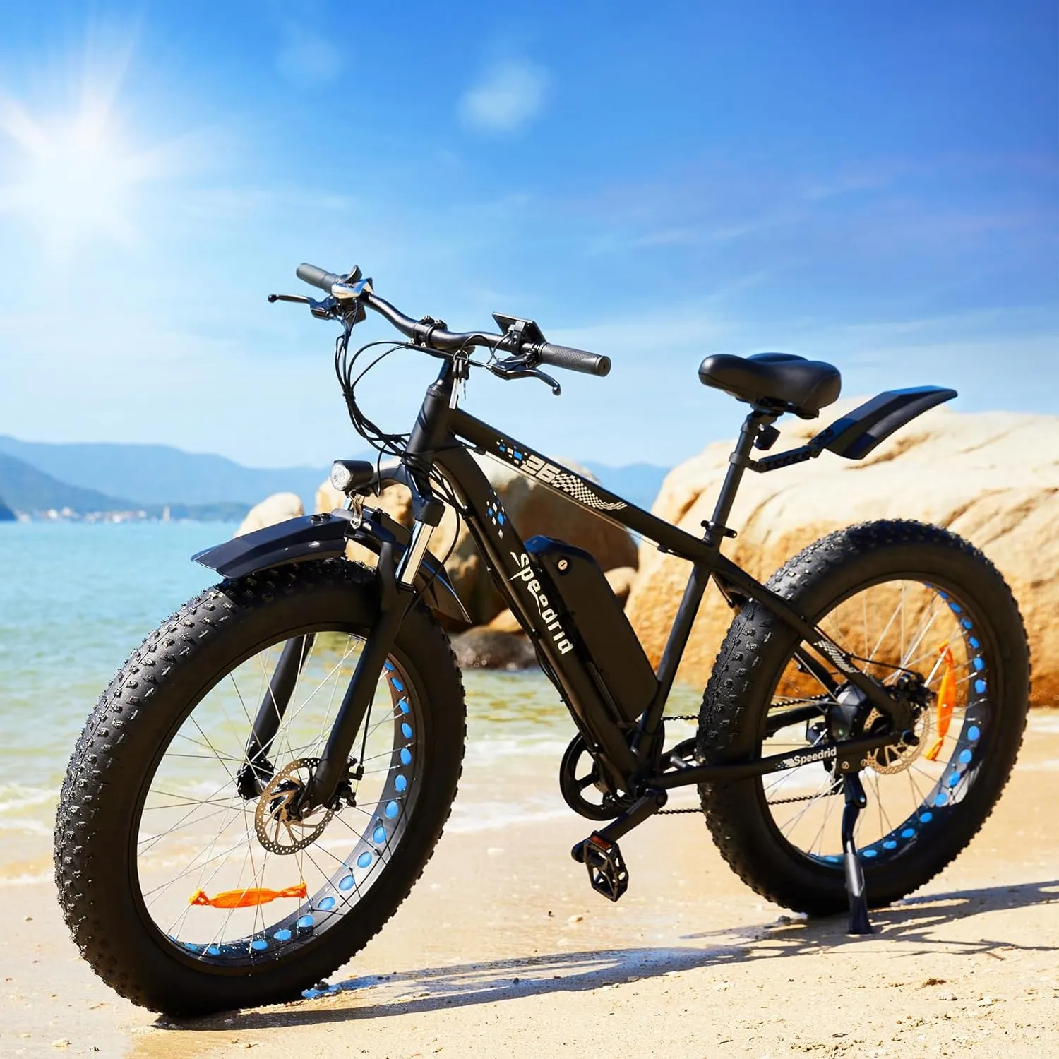 Speedrid Electric Bike 26" Fat Tire Electric Bike for Adult Electric Mountain Bike with Peak 750W 48V 10.4Ah Removable Battery, 3H Fast Charge, Lockable Suspension Fork-7 Speed