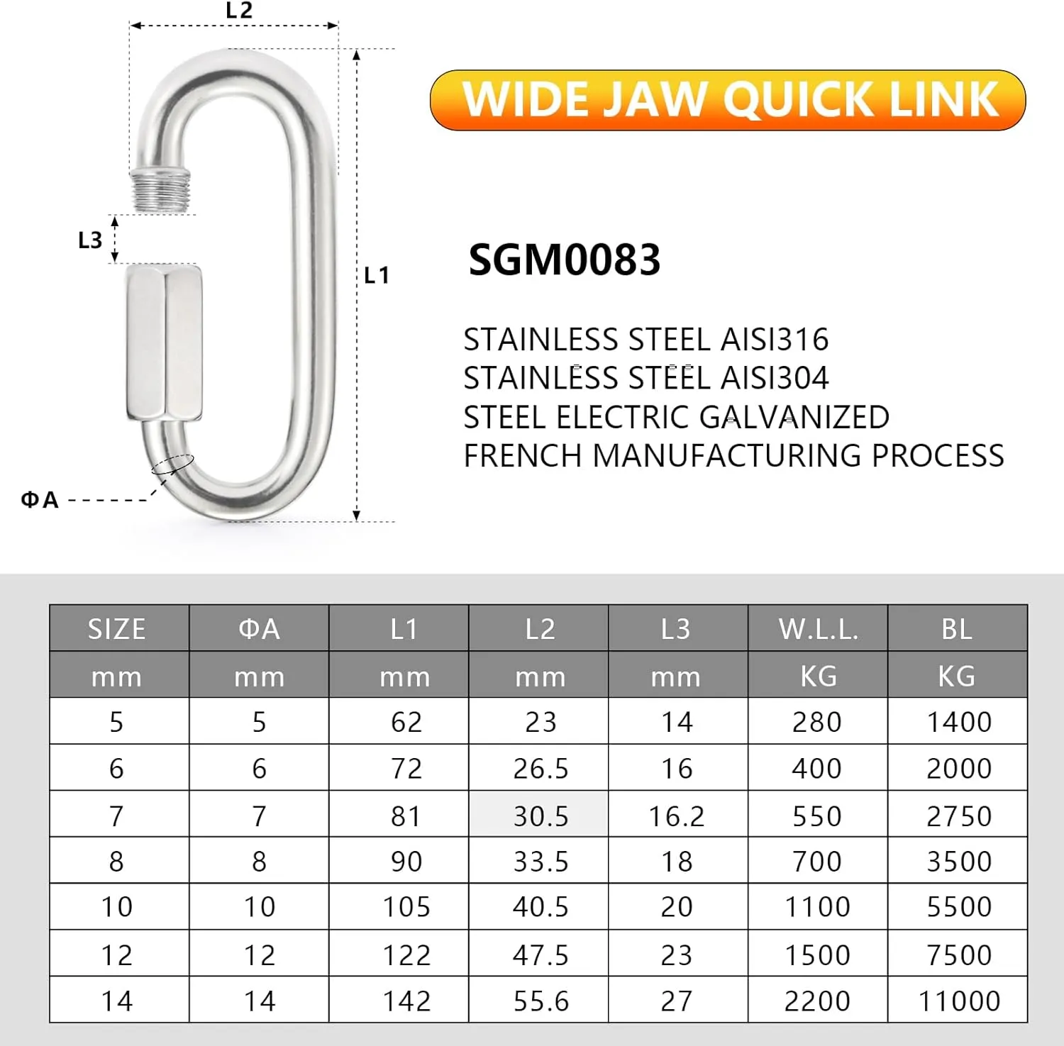 sprookber Stainless Steel Chain Quick Links - 304 Stainless Stee Chain Connector, Screw Carabiner, Chain Hooks, Set of 6
