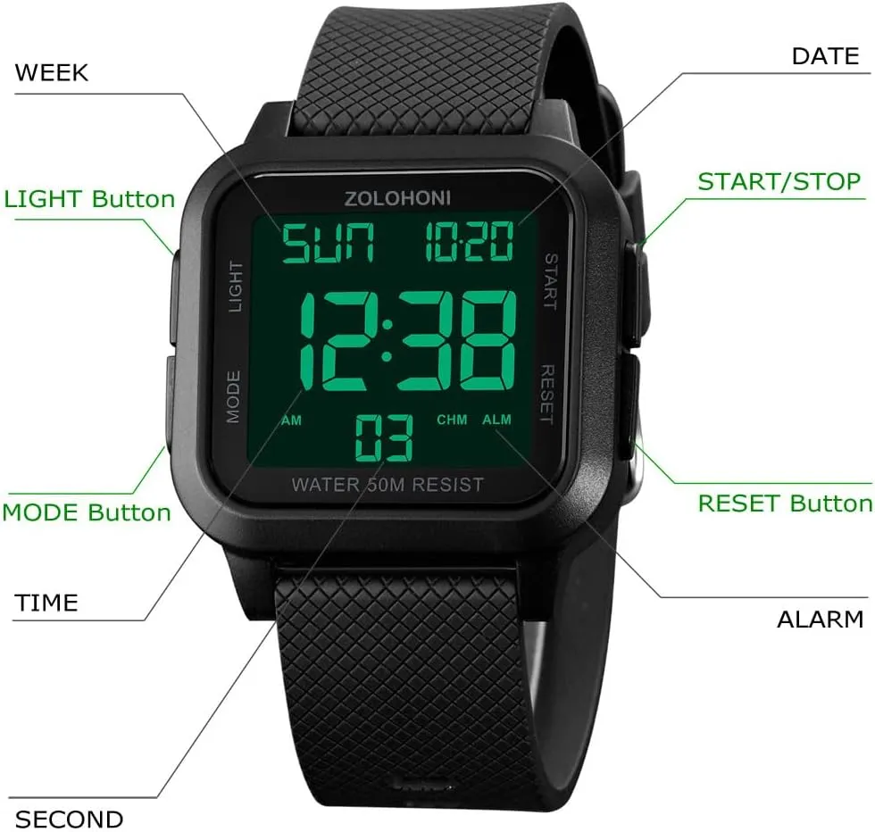 Square Men's Digital Watch Big Numbers Dial Large Face Waterproof LED Watches with Alarm Date Stopwatch