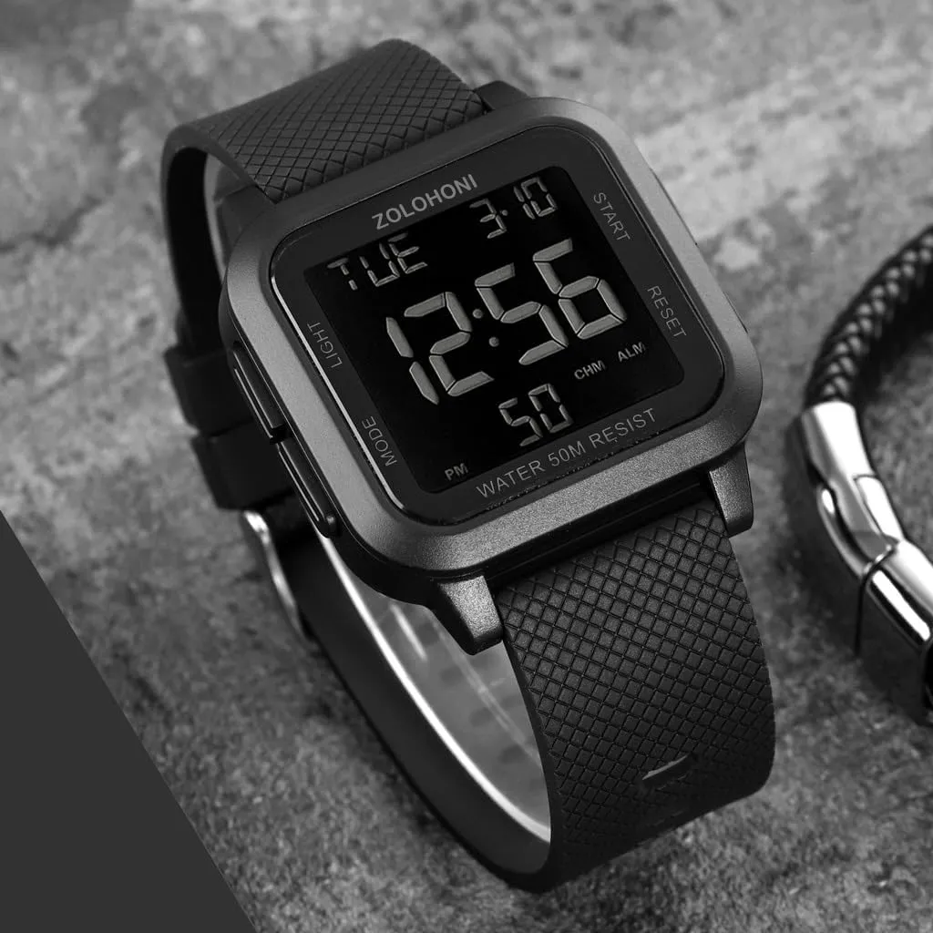Square Men's Digital Watch Big Numbers Dial Large Face Waterproof LED Watches with Alarm Date Stopwatch