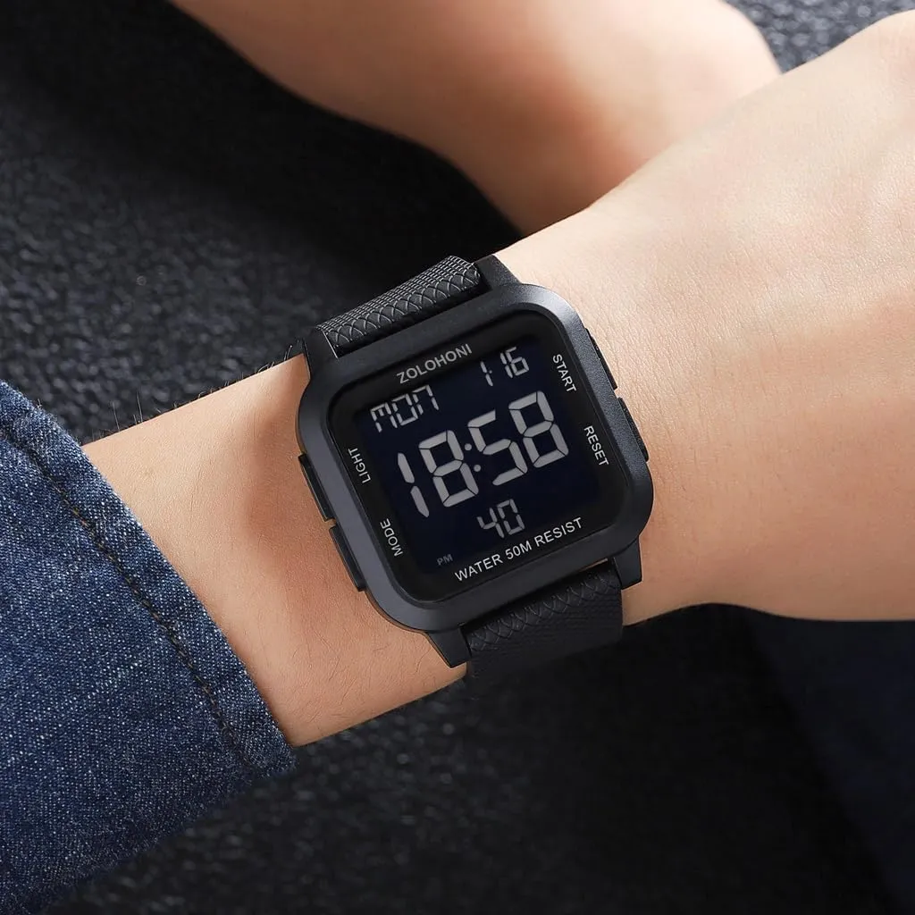 Square Men's Digital Watch Big Numbers Dial Large Face Waterproof LED Watches with Alarm Date Stopwatch